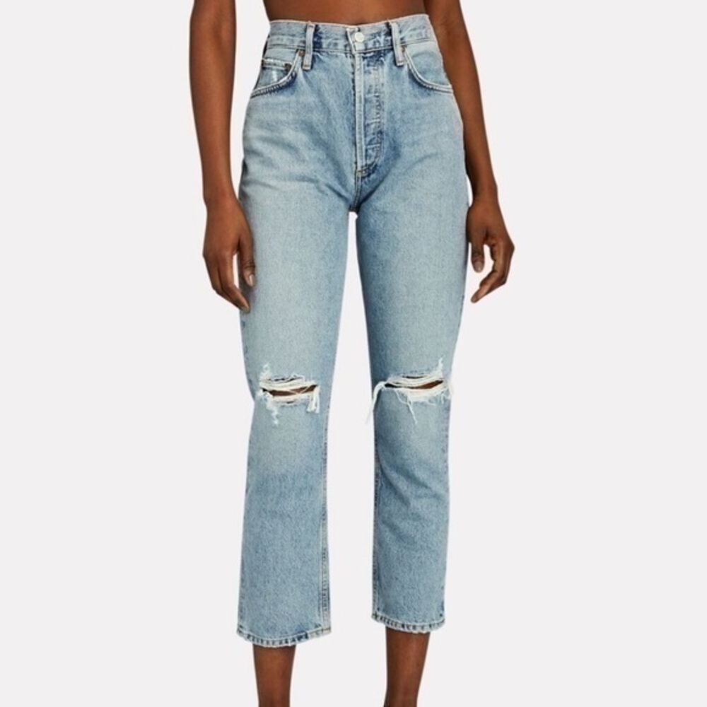 AGOLDE Riley High-Rise Straight Cropped Jeans, Medium Wash, Distressed Ripped 28
